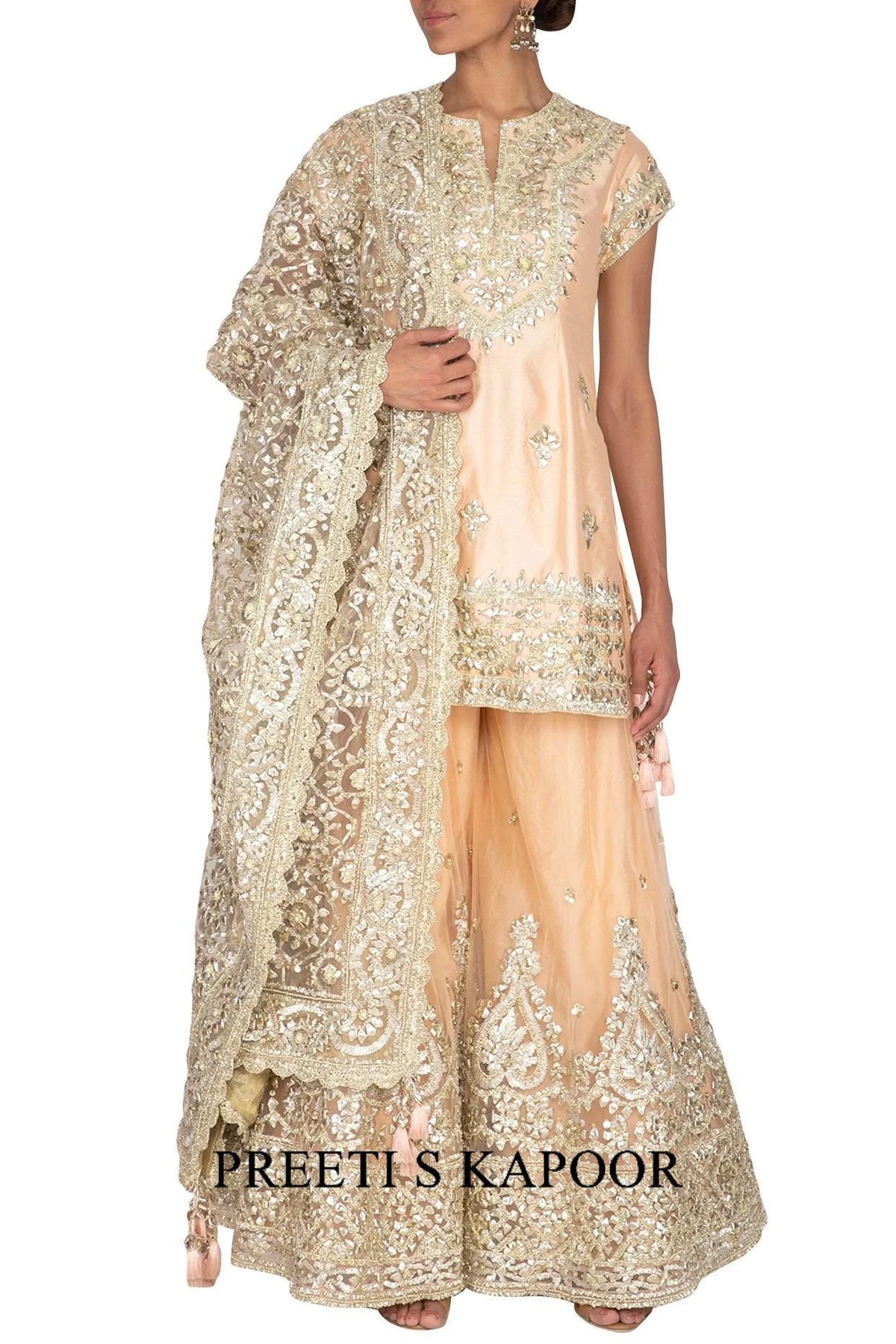 Peach Short Kurta Embroidered Sharara Set - Preeti S Kapoor