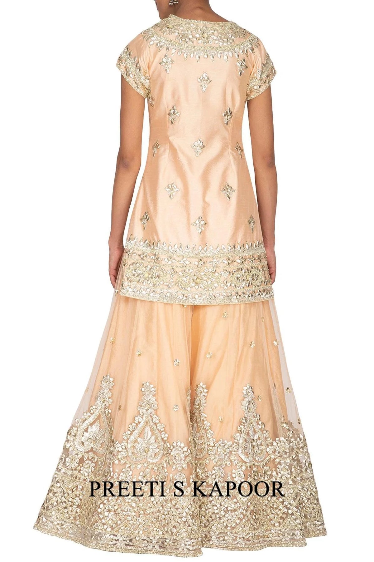 Peach Short Kurta Embroidered Sharara Set - Preeti S Kapoor