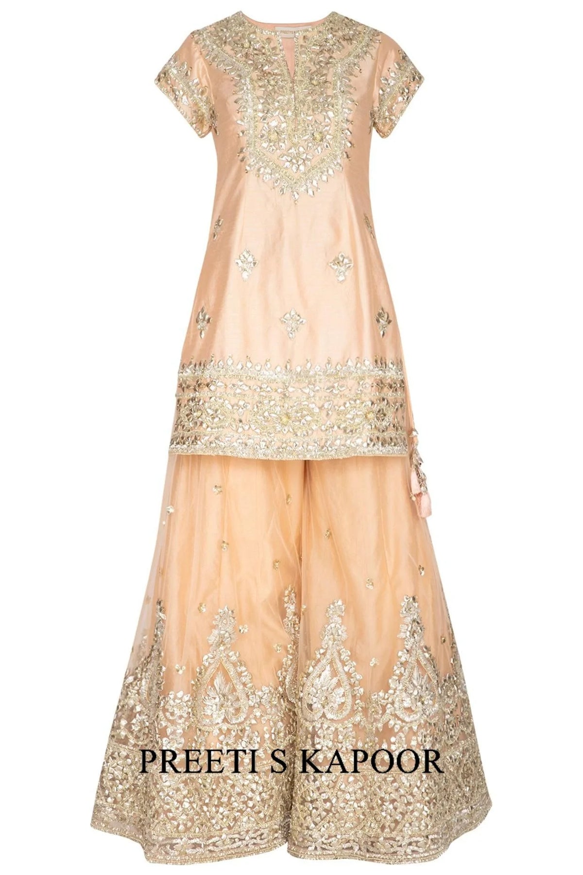 Peach Short Kurta Embroidered Sharara Set - Preeti S Kapoor