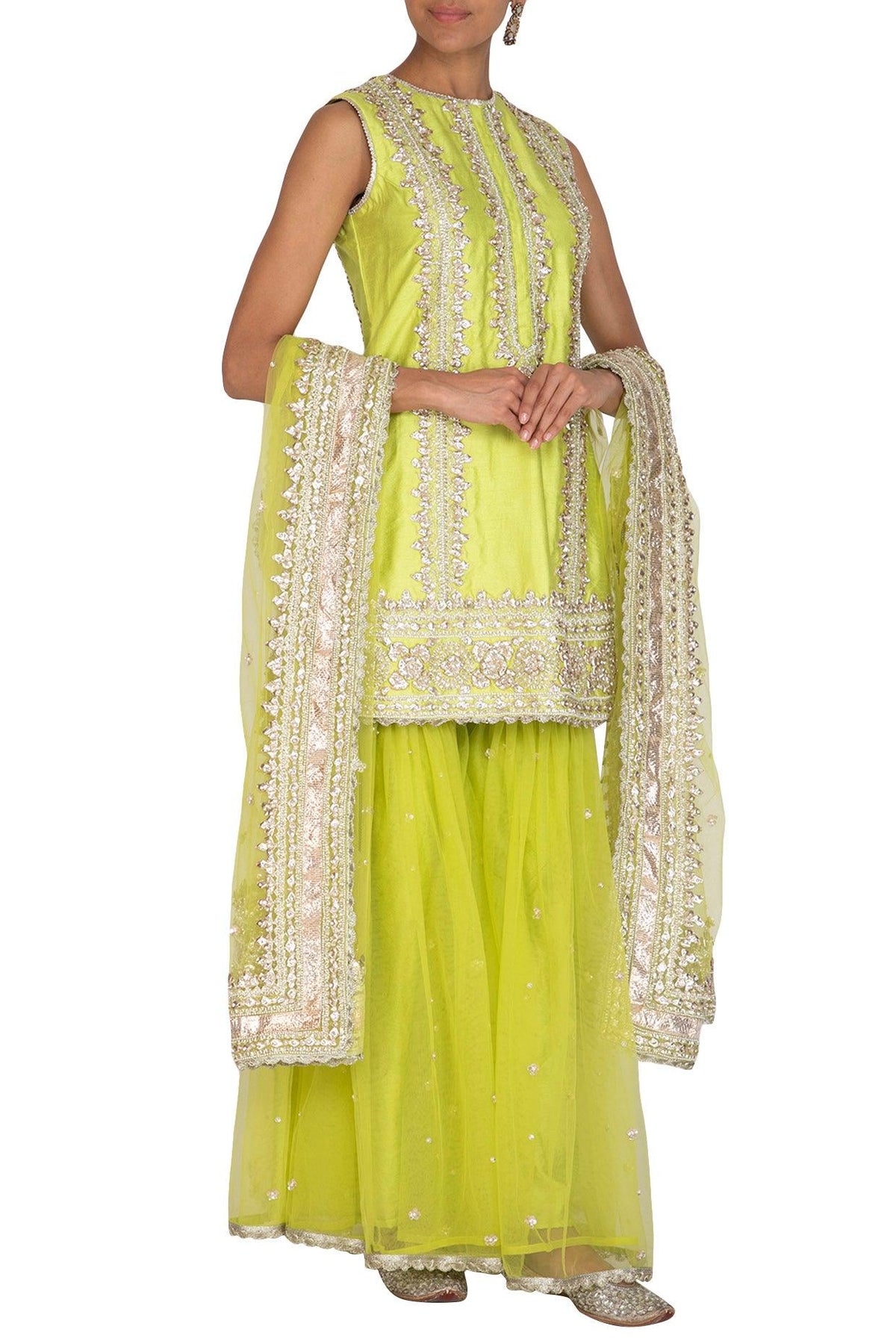 Lime Green Embroidered Gharara Set - Preeti s kapoor
