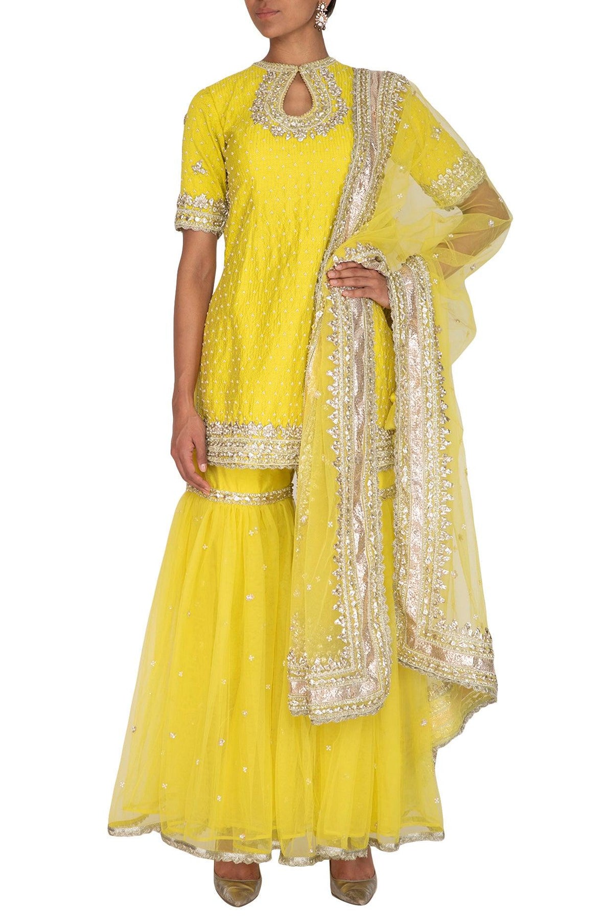 Yellow Short Kurta In Silk Base Embroidered Gharara Set - Preeti s kapoor