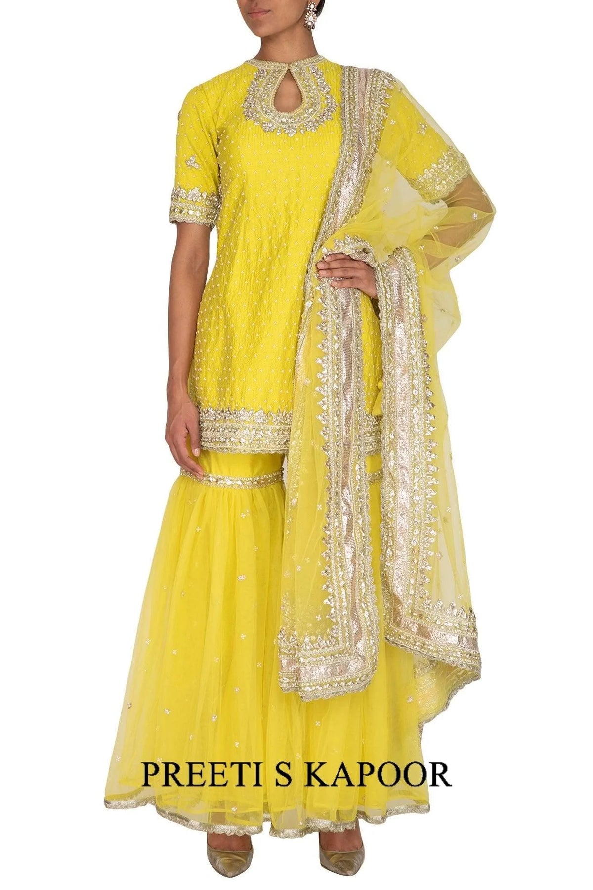 Yellow Short Kurta In Silk Base Embroidered Gharara Set - Preeti S Kapoor