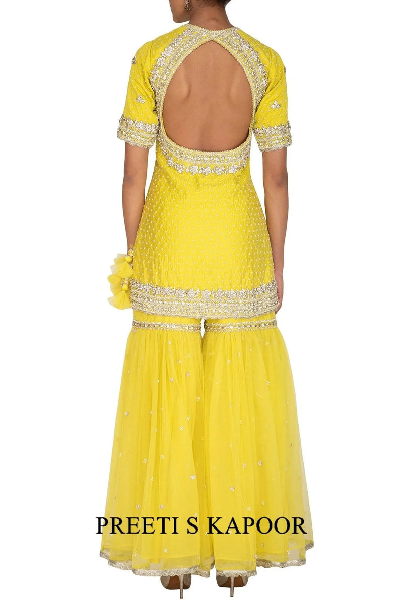 Yellow Short Kurta In Silk Base Embroidered Gharara Set - Preeti S Kapoor