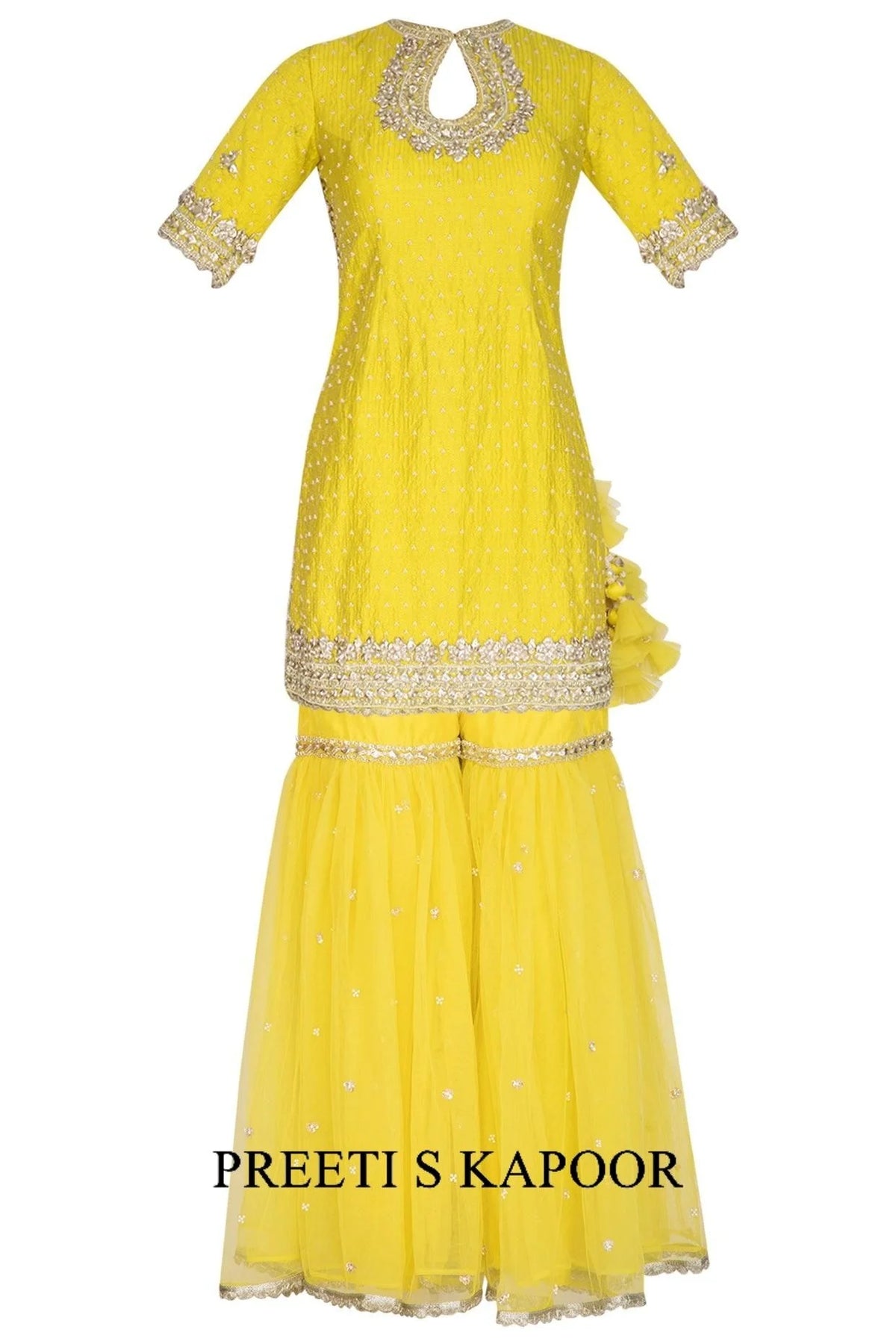 Yellow Short Kurta In Silk Base Embroidered Gharara Set - Preeti S Kapoor