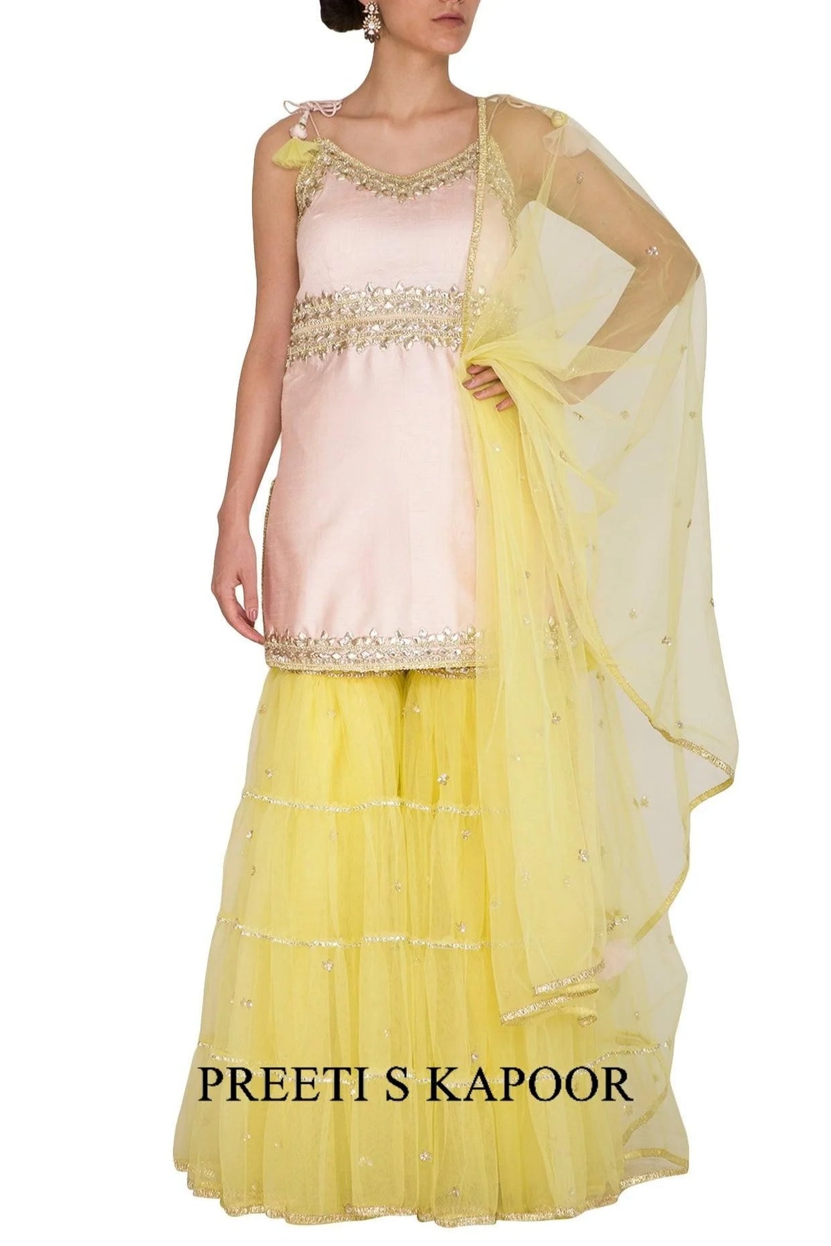 Soft Pink & Yellow Embroidered Gharara Set - Preeti S Kapoor