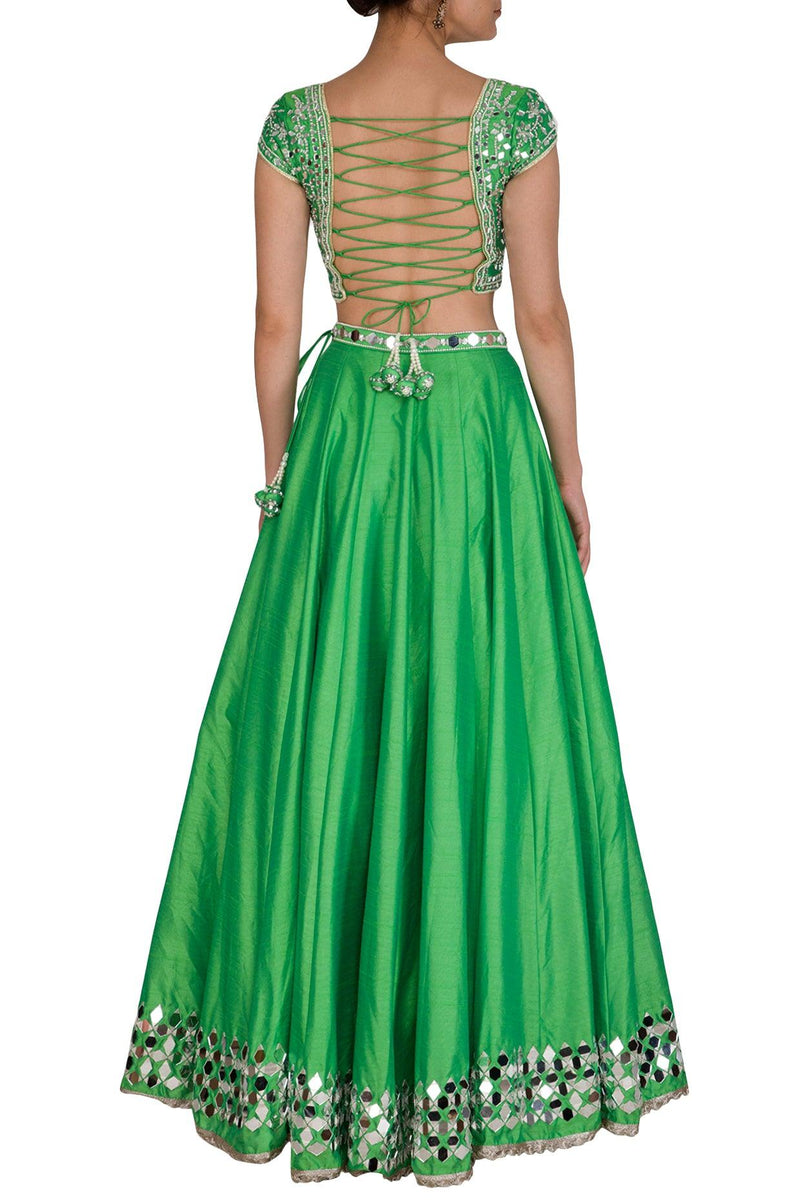 Green Mirror Embroidered Lehenga Set - Preeti s kapoor