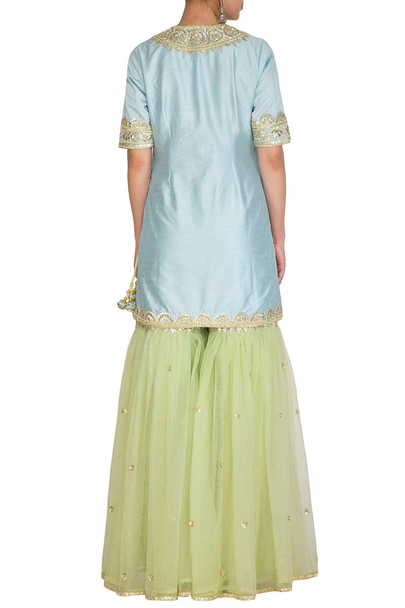 Turquoise & Pista Green Embroidered Gharara Set - Preeti s kapoor