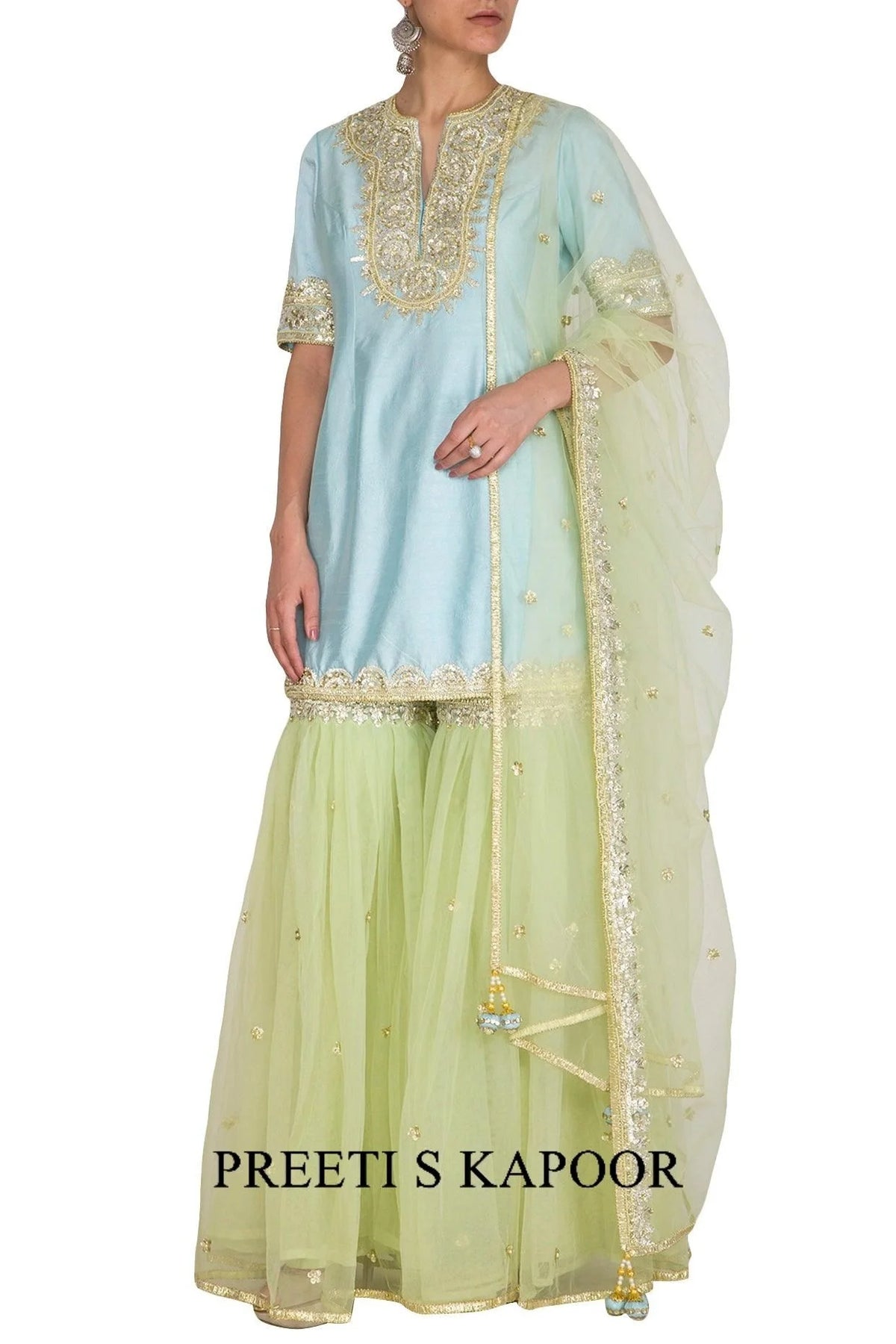 Turquoise & Pista Green Embroidered Gharara Set - Preeti S Kapoor