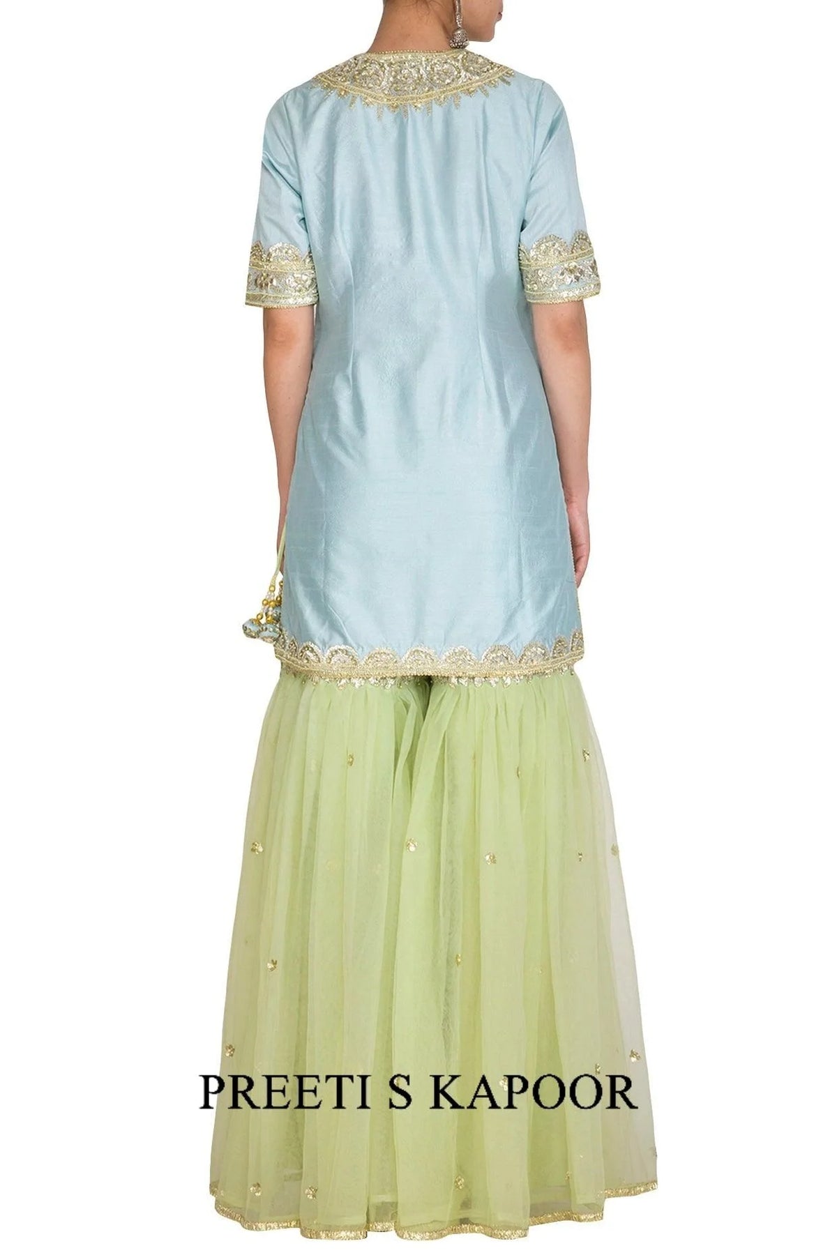 Turquoise & Pista Green Embroidered Gharara Set - Preeti S Kapoor