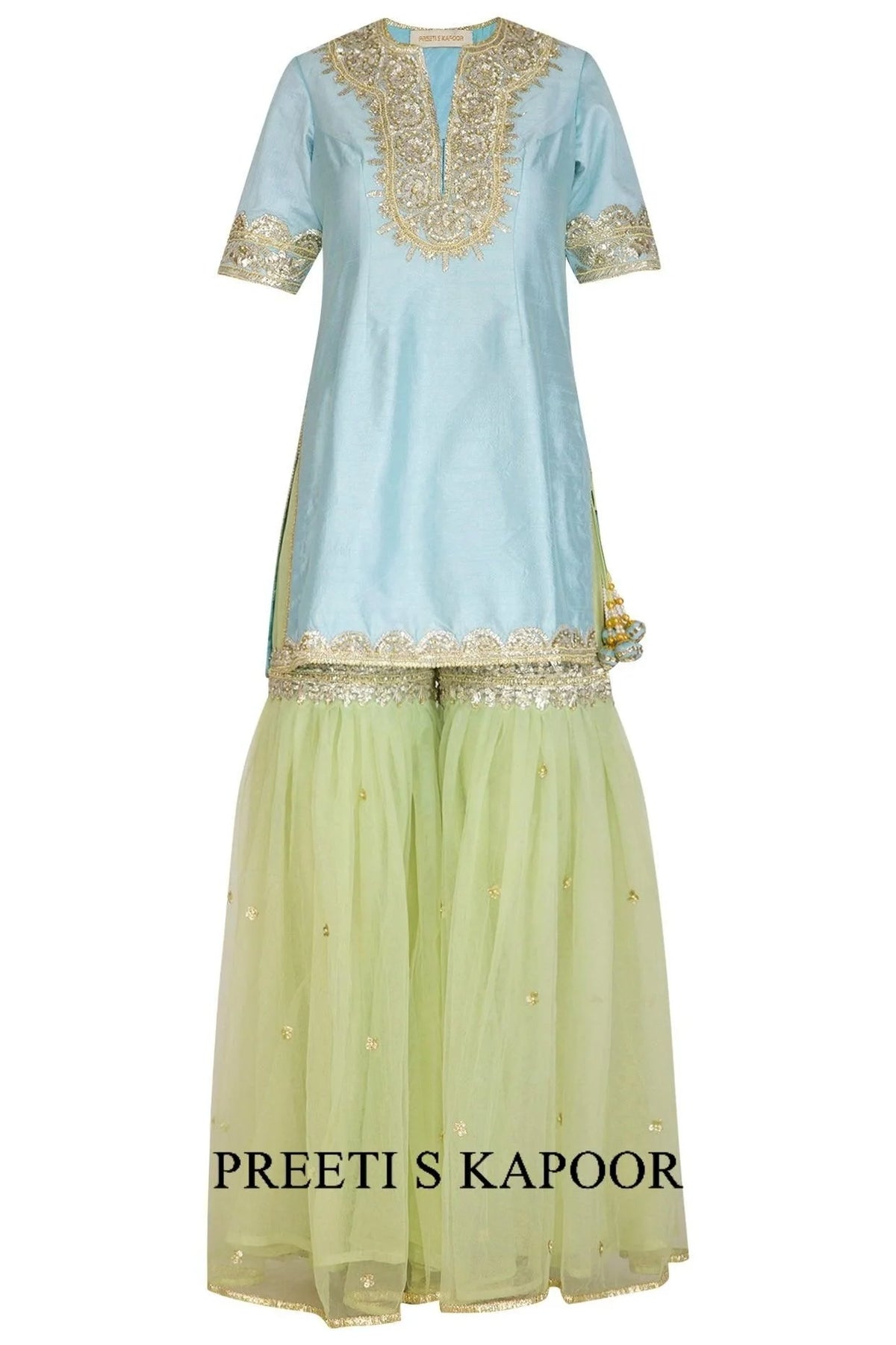 Turquoise & Pista Green Embroidered Gharara Set - Preeti S Kapoor