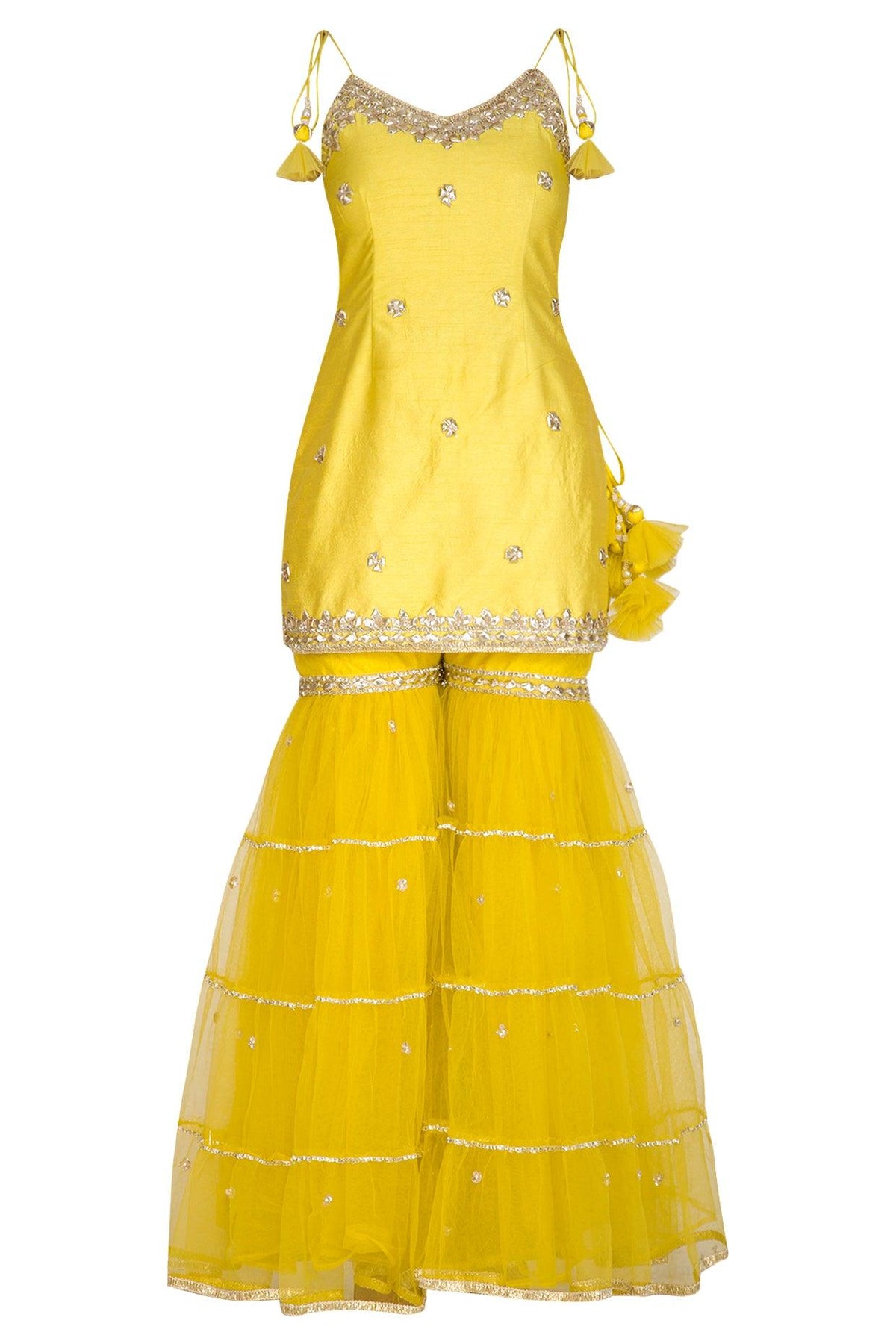 Yellow Short Kurta In Dupion Base Embroidered Gharara Set - Preeti s kapoor