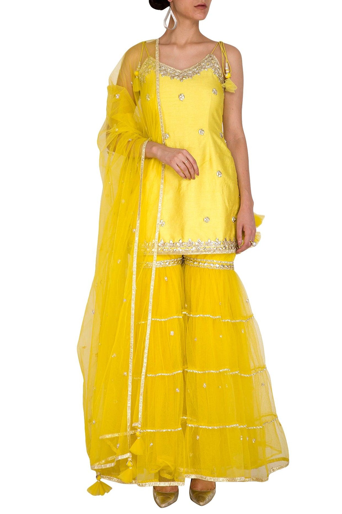 Yellow Short Kurta In Dupion Base Embroidered Gharara Set - Preeti s kapoor