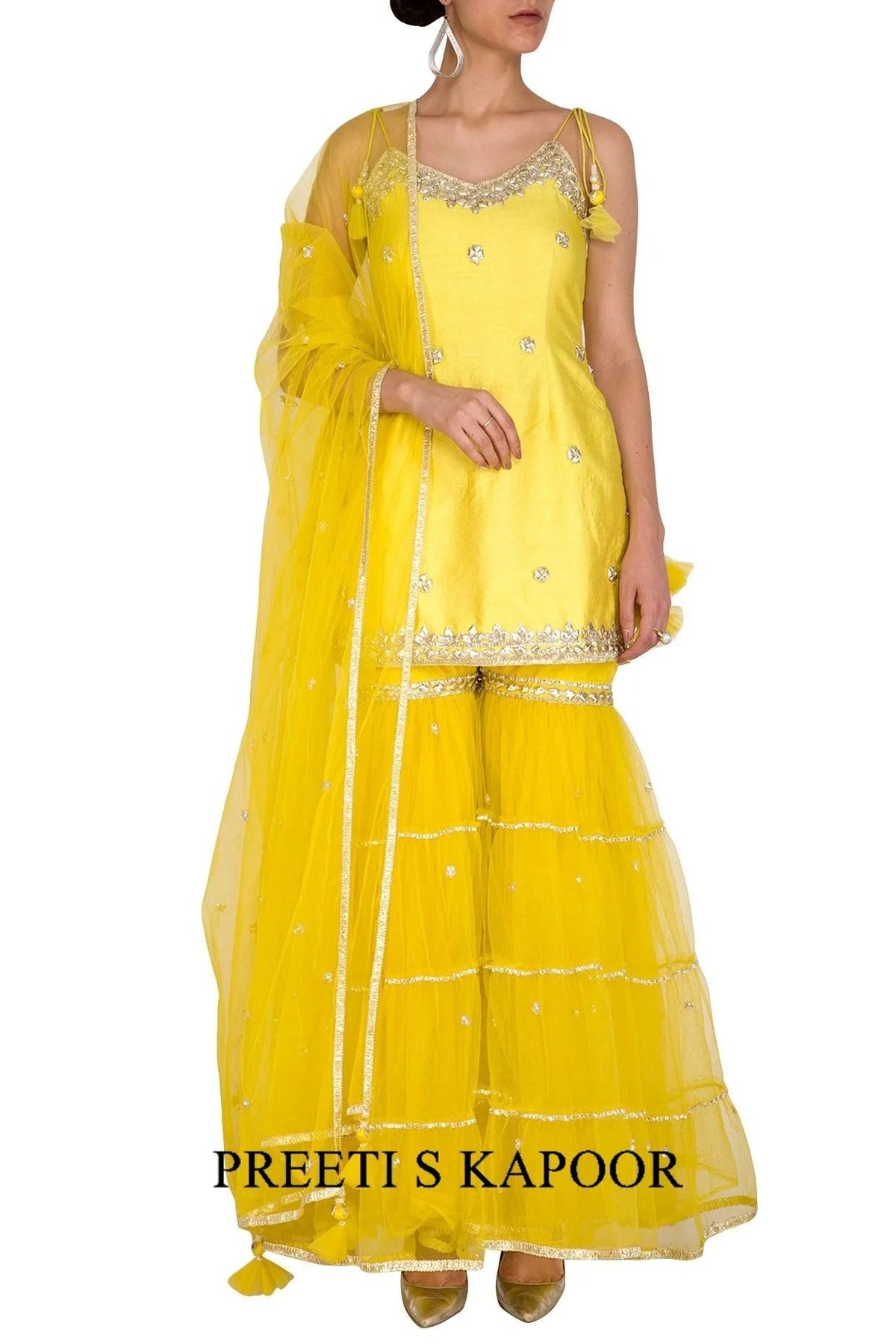 Yellow Short Kurta In Dupion Base Embroidered Gharara Set - Preeti S Kapoor