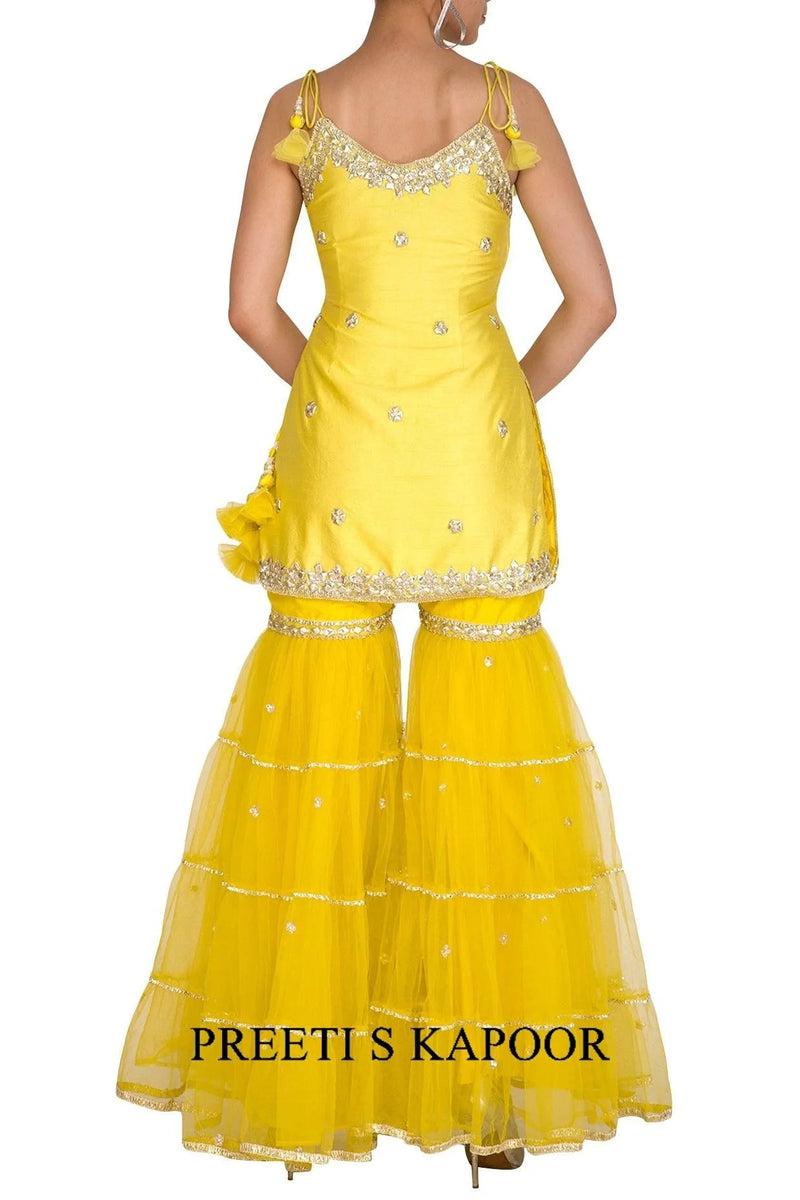 Yellow Short Kurta In Dupion Base Embroidered Gharara Set - Preeti S Kapoor