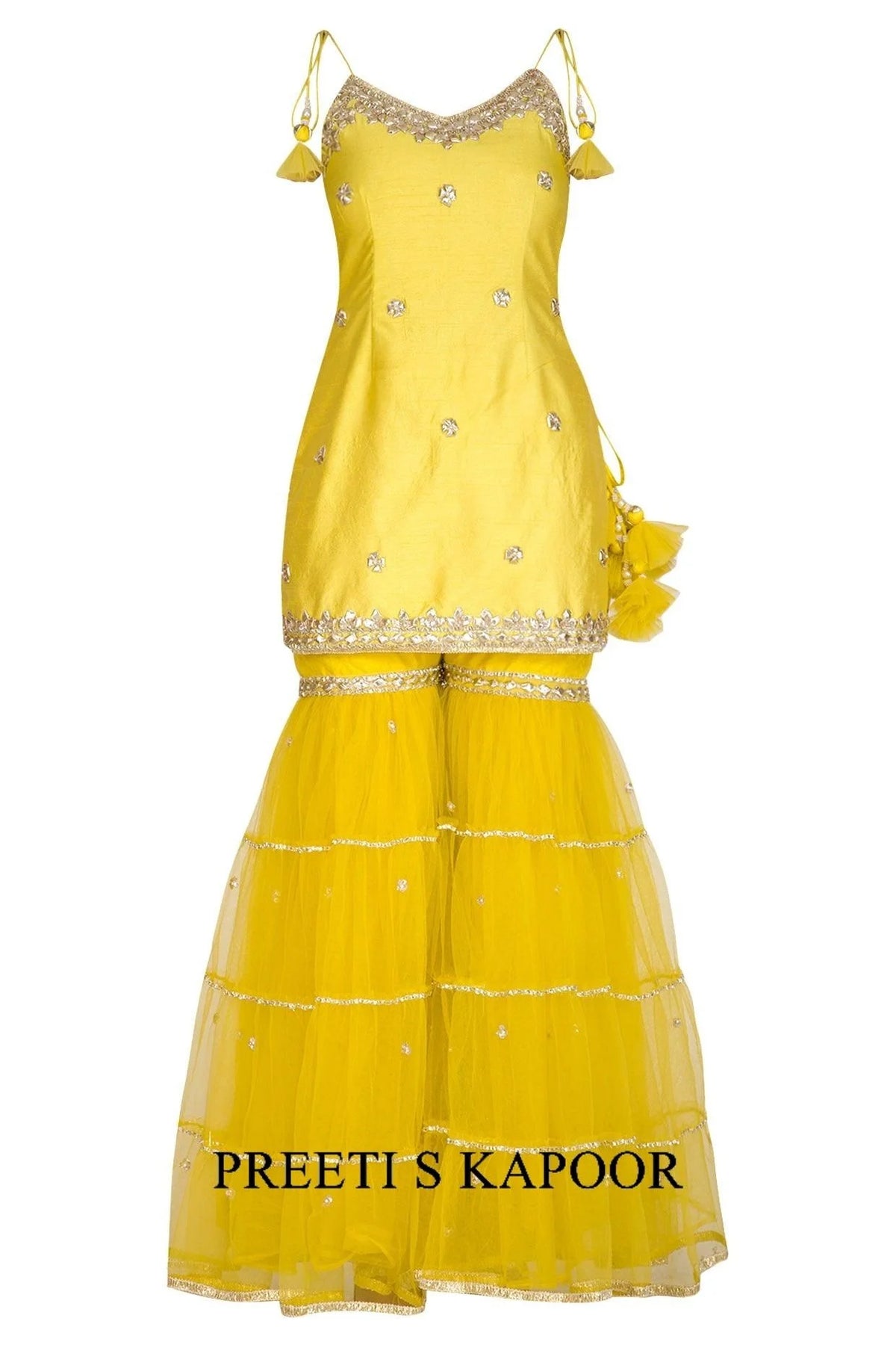 Yellow Short Kurta In Dupion Base Embroidered Gharara Set - Preeti S Kapoor