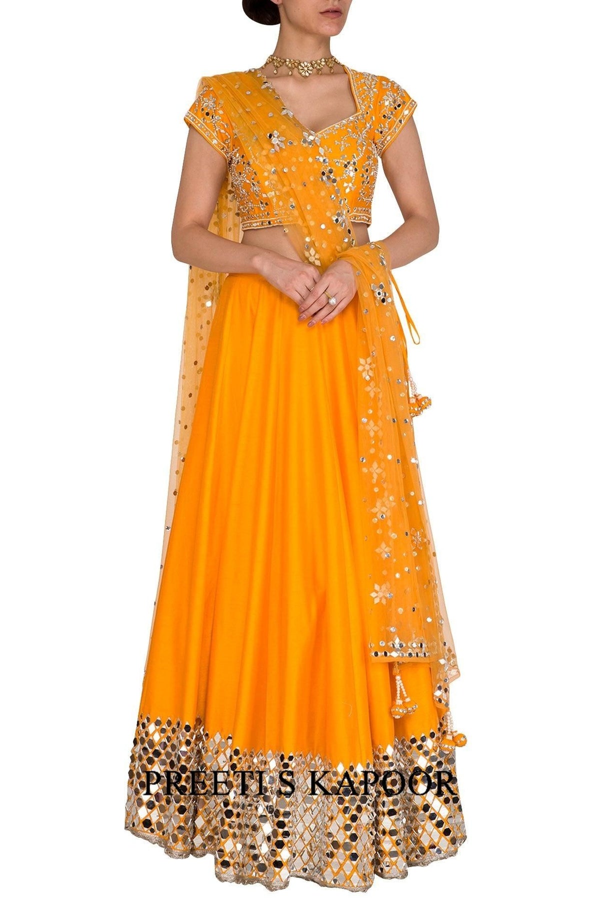 Orange Mirror Embroidered Lehenga Set - Preeti s kapoor
