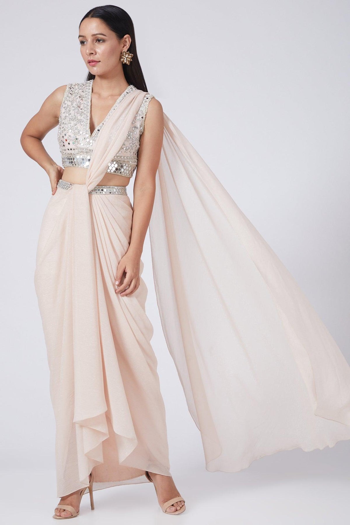 Nude Pink Embroidered Draped Saree Set - Preeti s kapoor