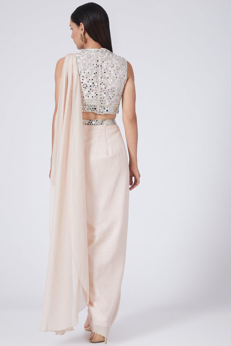 Nude Pink Embroidered Draped Saree Set - Preeti s kapoor