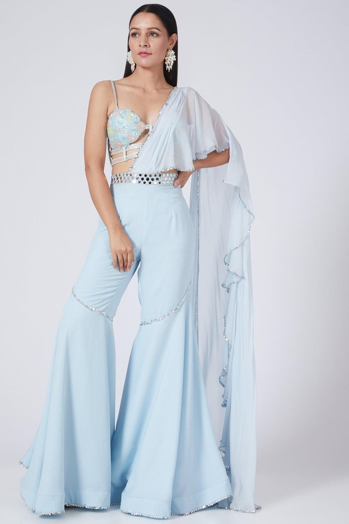 Ice Blue Embroidered Draped Gharara Set - Preeti s kapoor