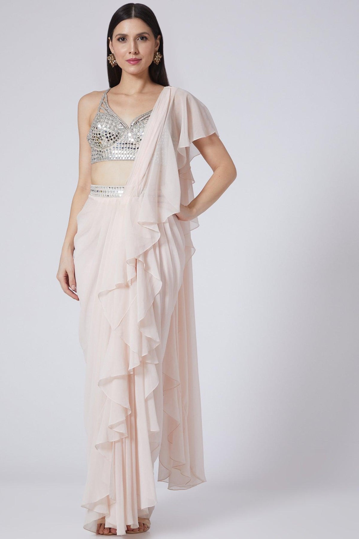 Nude Pink Embroidered Pre-Stitched Saree Set - Preeti s kapoor