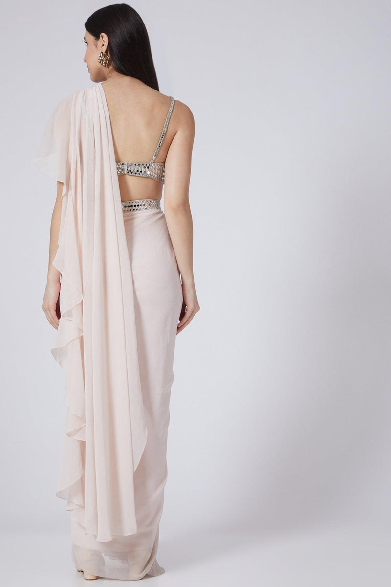 Nude Pink Embroidered Pre-Stitched Saree Set - Preeti s kapoor