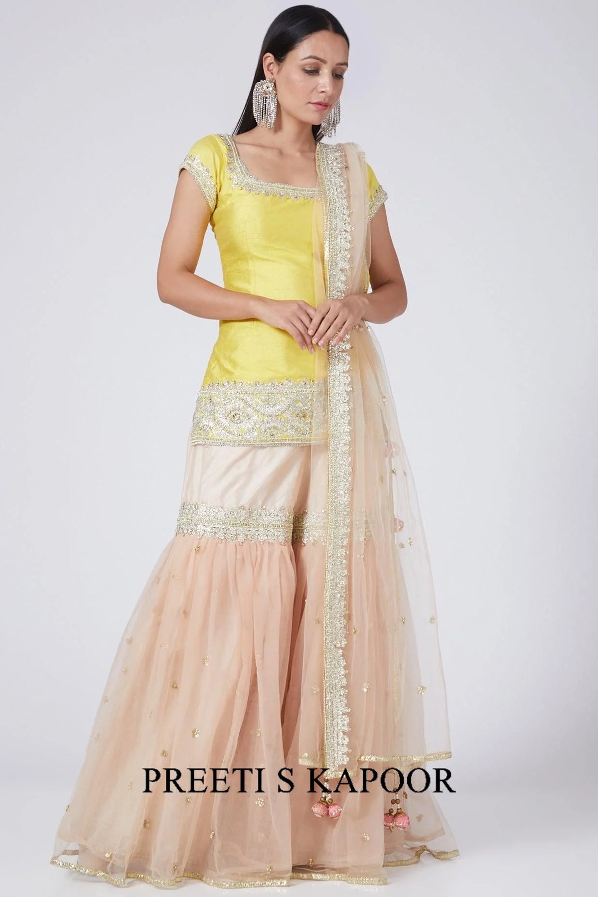 Yellow & Nude Pink Embroidered Gharara Set - Preeti S Kapoor
