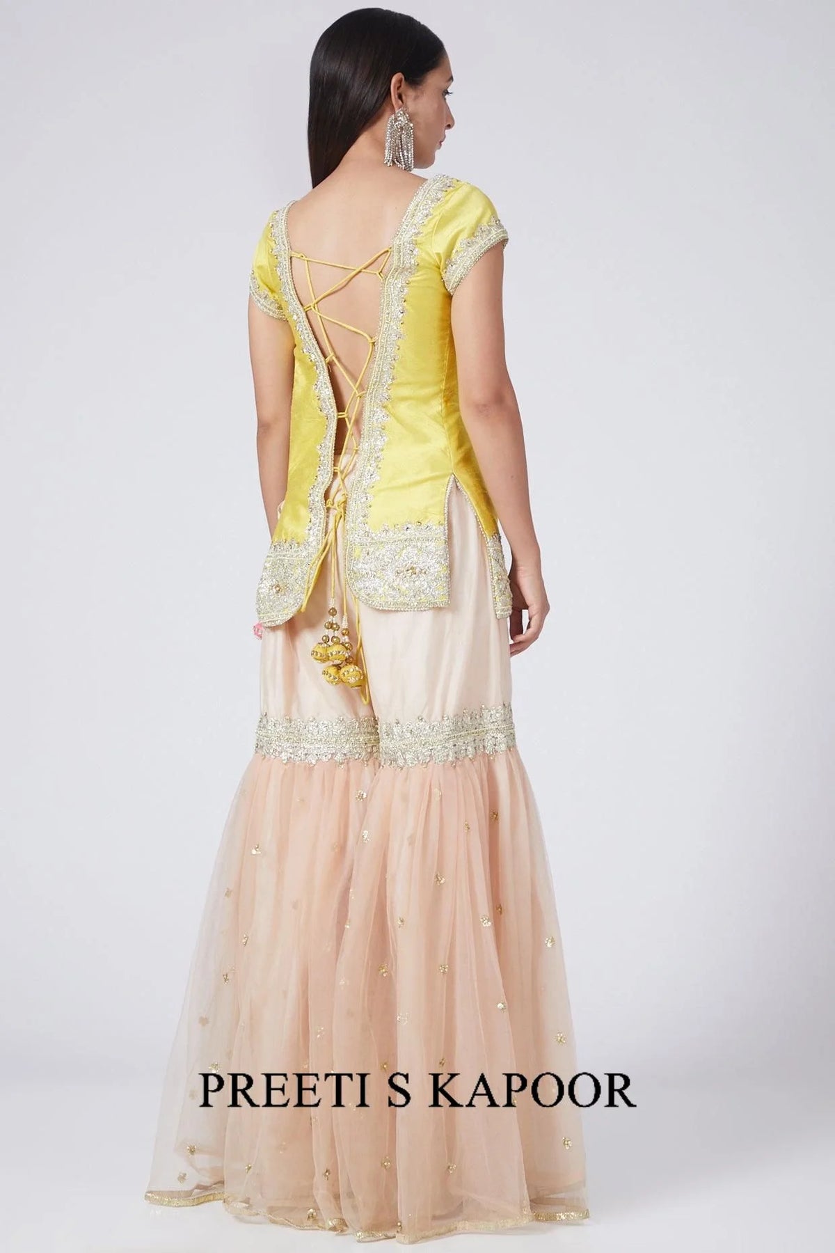 Yellow & Nude Pink Embroidered Gharara Set - Preeti S Kapoor
