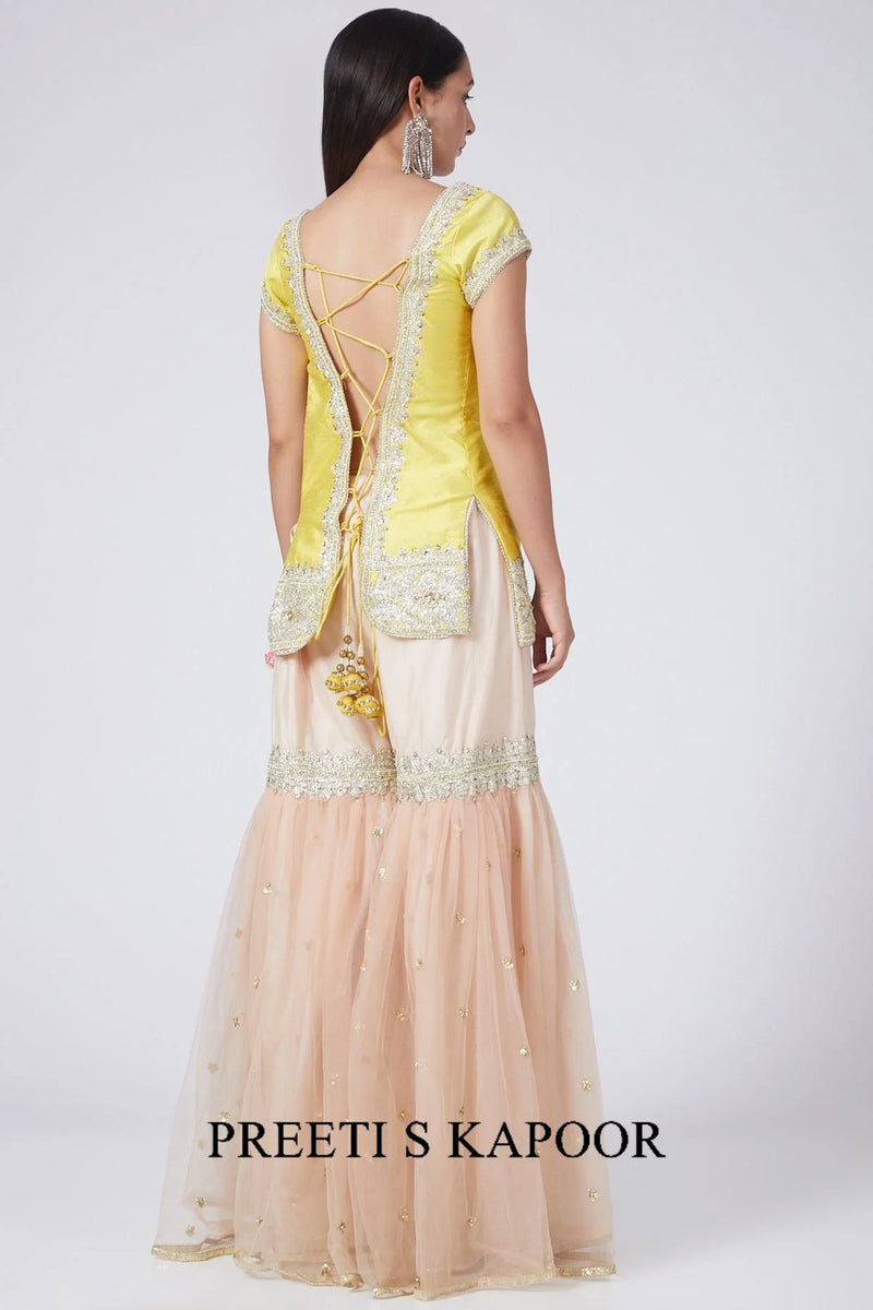 Yellow & Nude Pink Embroidered Gharara Set - Preeti S Kapoor