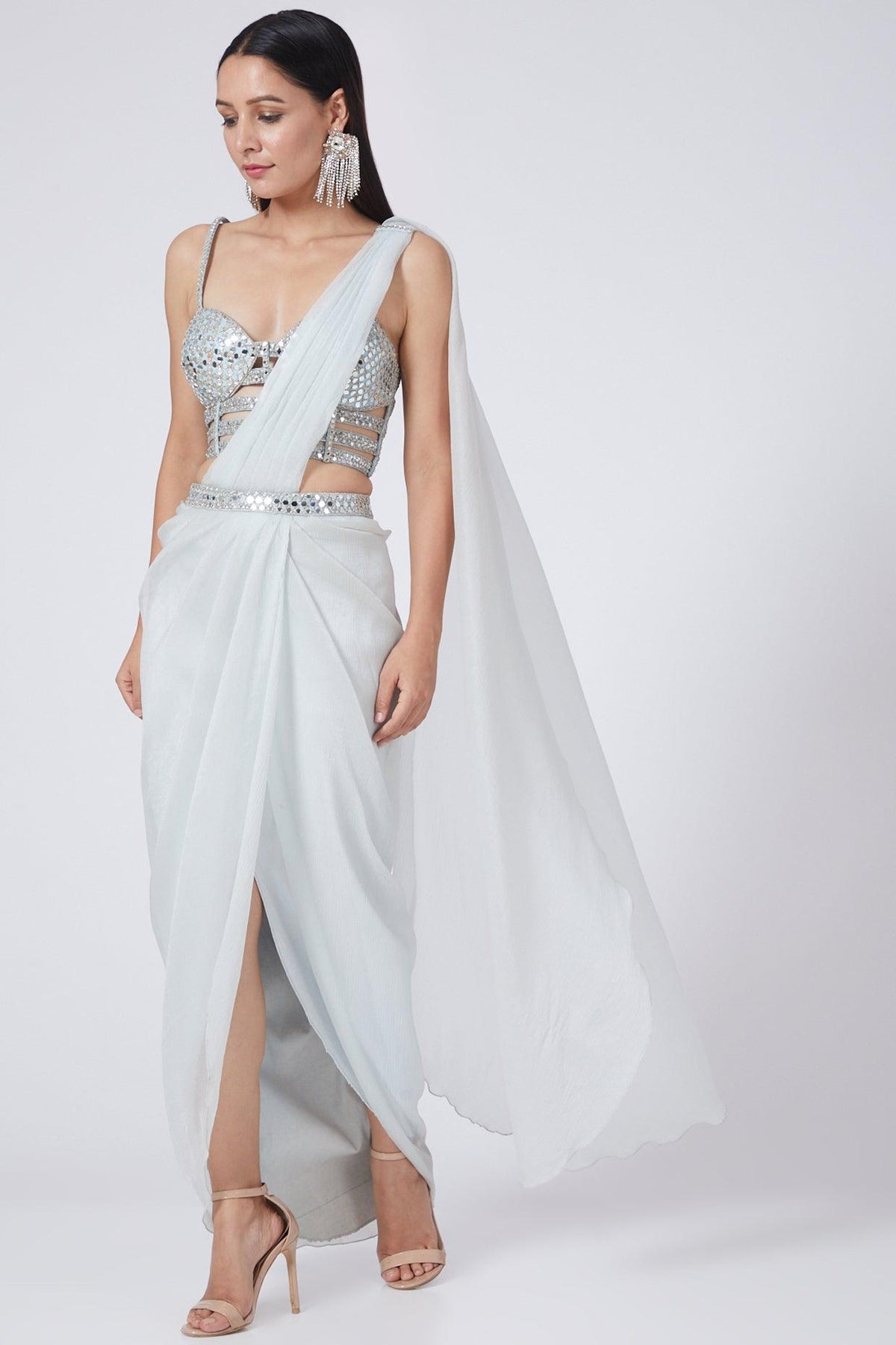 Ice Blue Embroidered Draped Saree Set - Preeti s kapoor