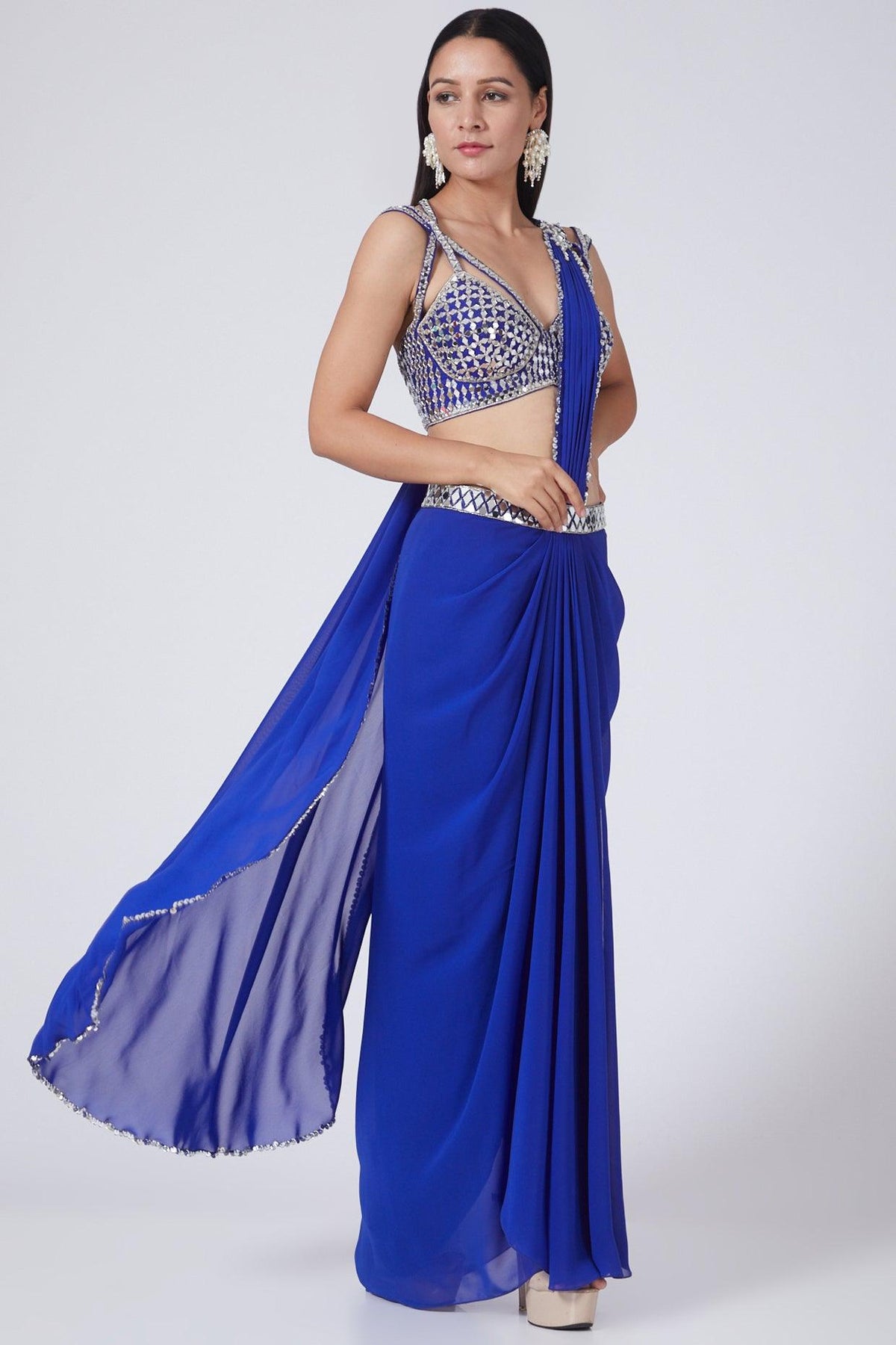 Cobalt Blue Embroidered Draped Georgette Saree Set - Preeti s kapoor