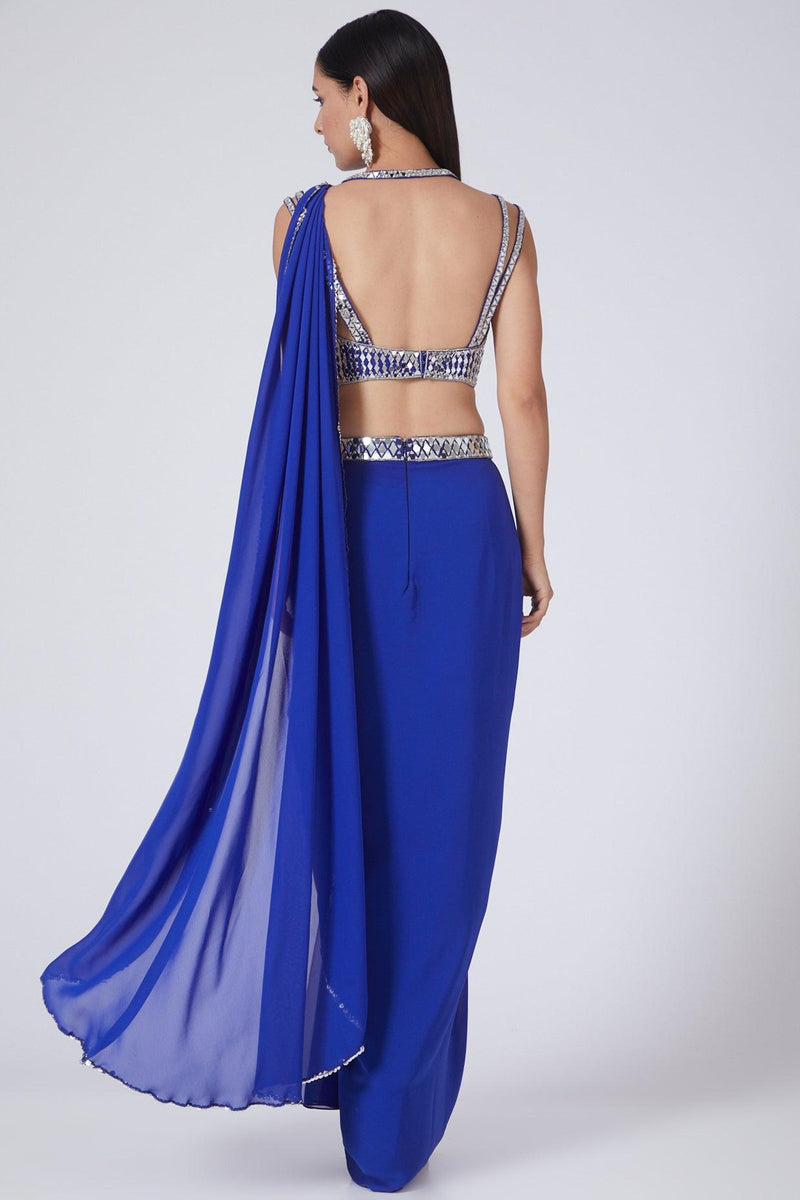 Cobalt Blue Embroidered Draped Georgette Saree Set - Preeti s kapoor
