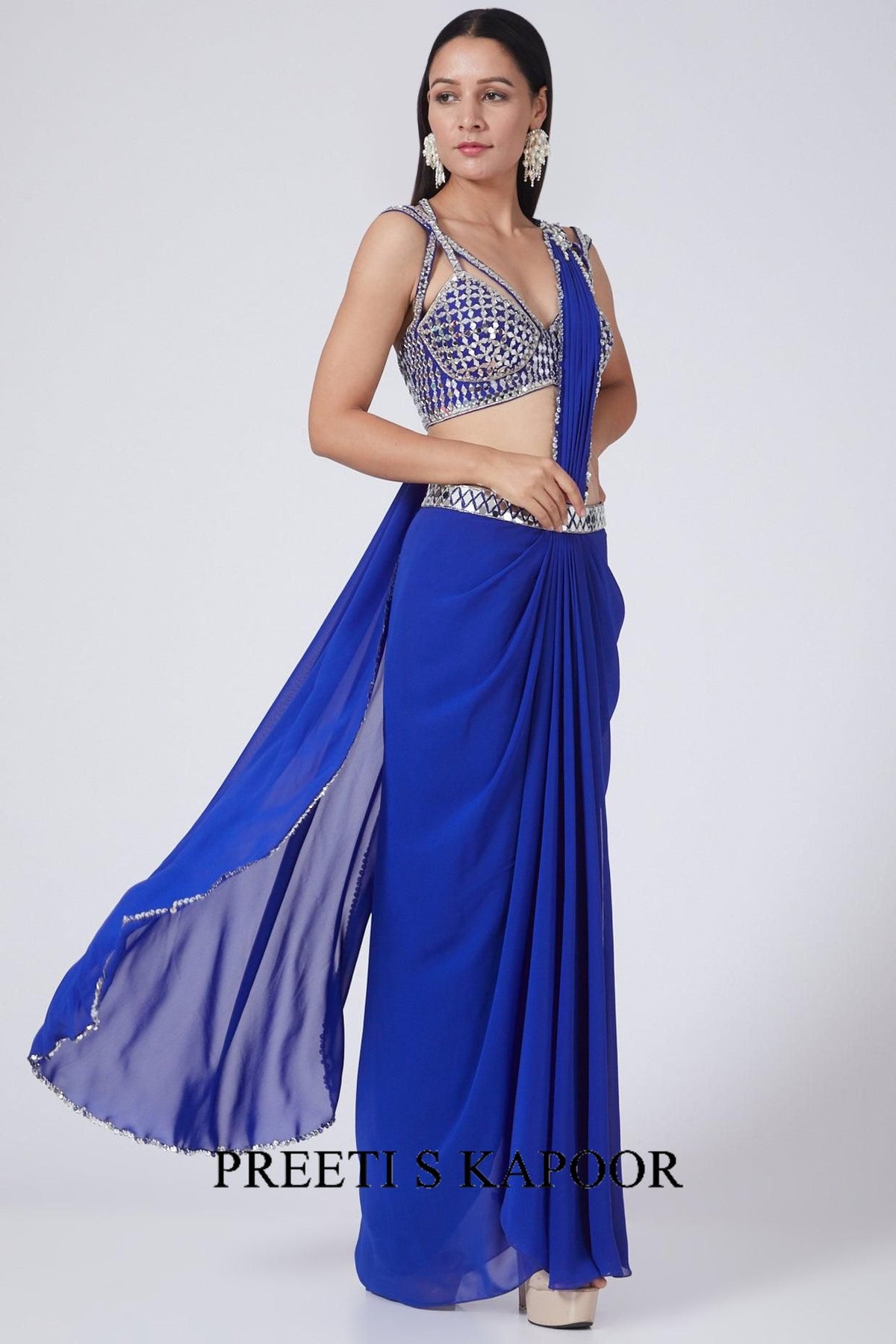 Cobalt Blue Embroidered Draped Georgette Saree Set - Preeti s kapoor