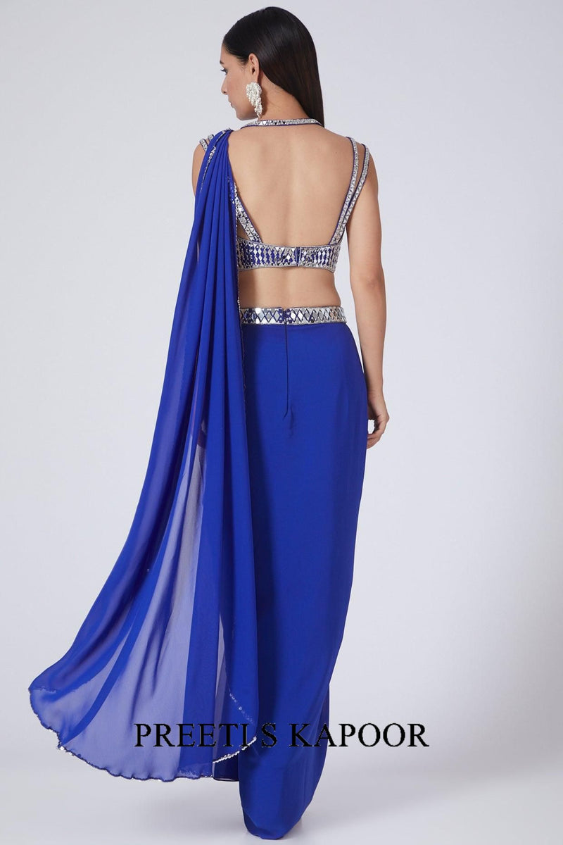 Cobalt Blue Embroidered Draped Georgette Saree Set - Preeti s kapoor