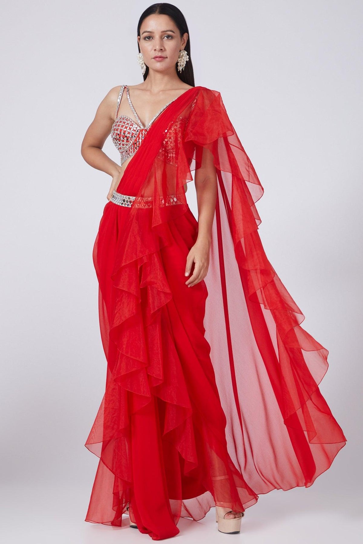 Red Embroidered Draped Georgette Saree Set - Preeti s kapoor