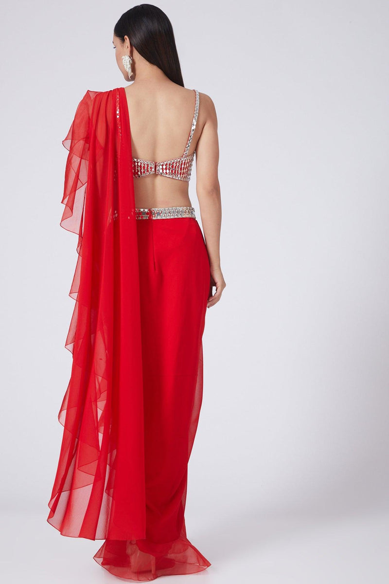 Red Embroidered Draped Georgette Saree Set - Preeti s kapoor