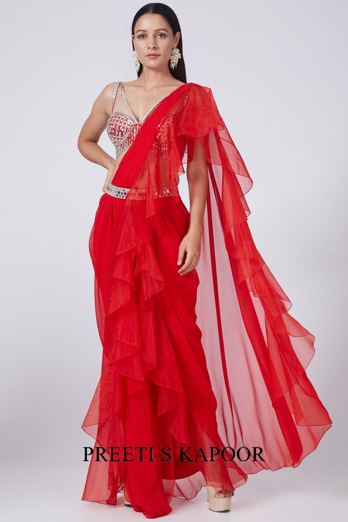 Red Embroidered Draped Georgette Saree Set - Preeti s kapoor