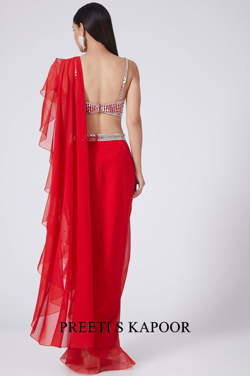 Red Embroidered Draped Georgette Saree Set - Preeti s kapoor