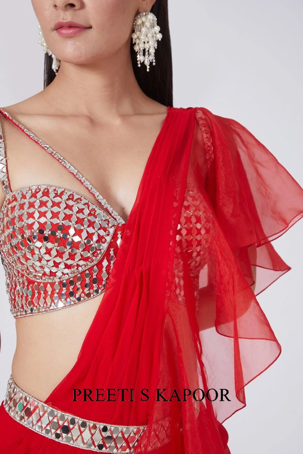 Red Embroidered Draped Georgette Saree Set - Preeti S Kapoor
