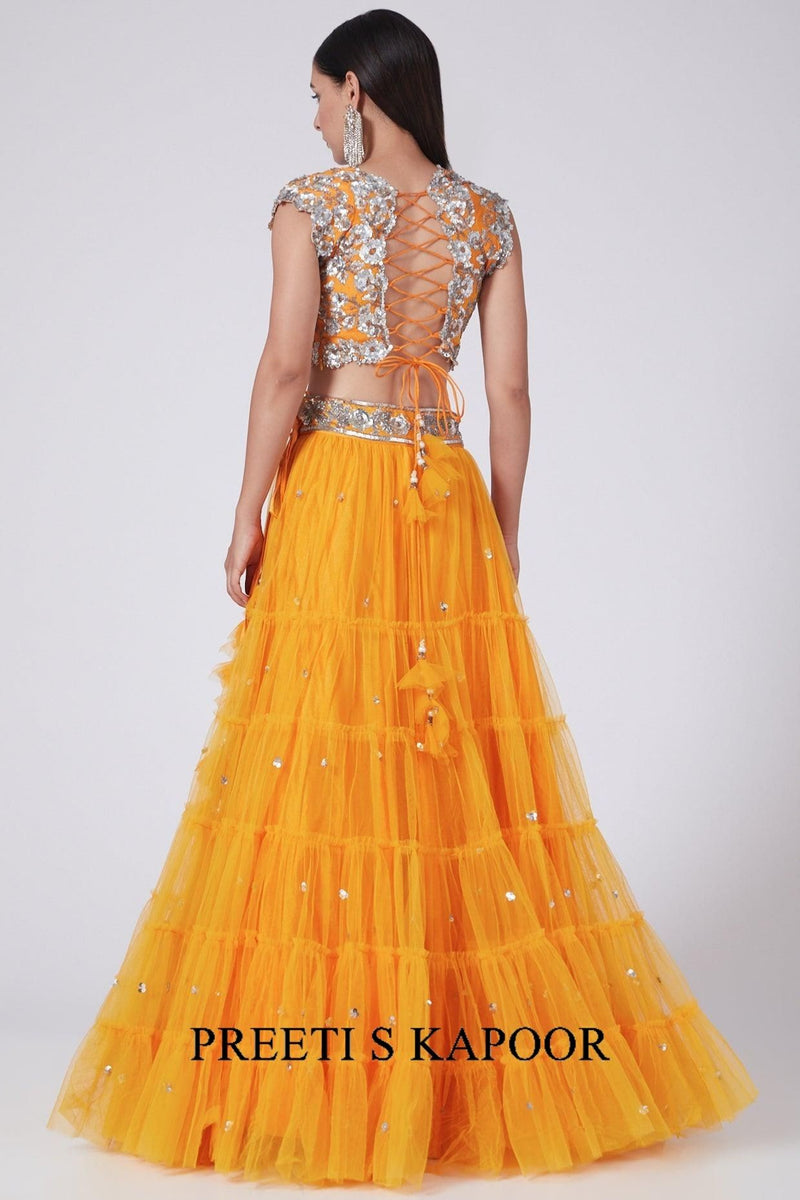 Cheese Orange Embroidered Lehenga Set - Preeti s kapoor