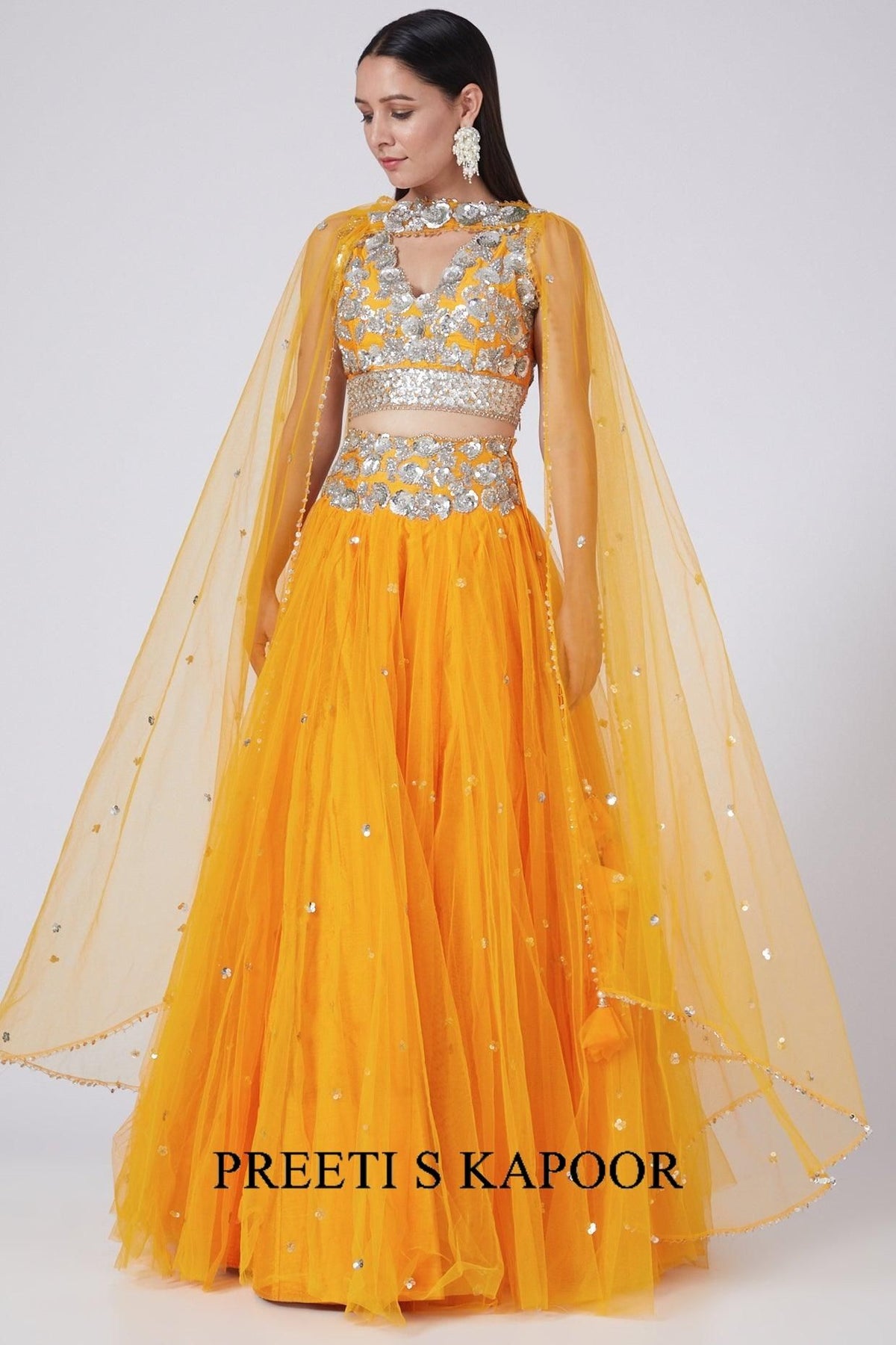 Cheese Orange Sequins Embroidered Lehenga Set - Preeti s kapoor