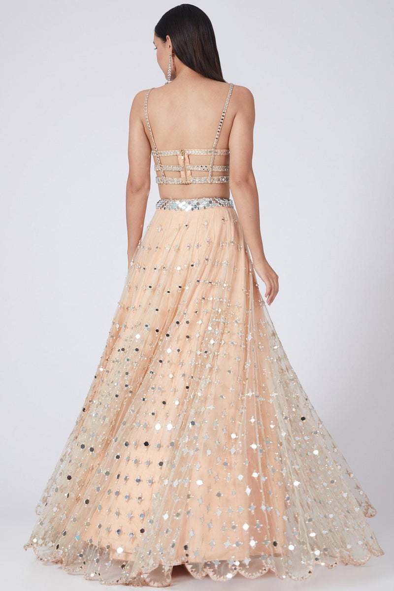 Peach Mirror Embroidered Lehenga Set - Preeti s kapoor