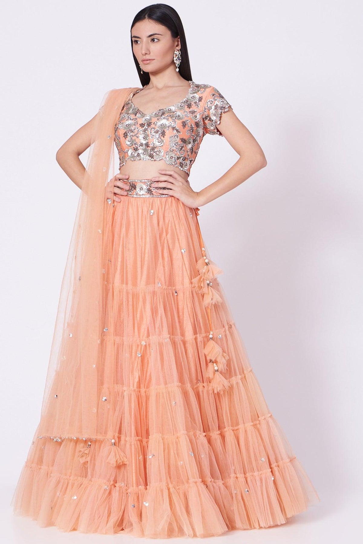 Peach Sequins Embroidered Lehenga Set - Preeti s kapoor