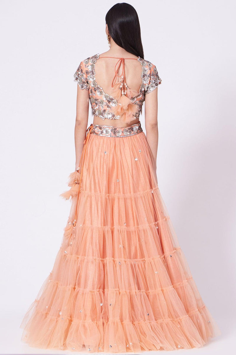 Peach Sequins Embroidered Lehenga Set - Preeti s kapoor
