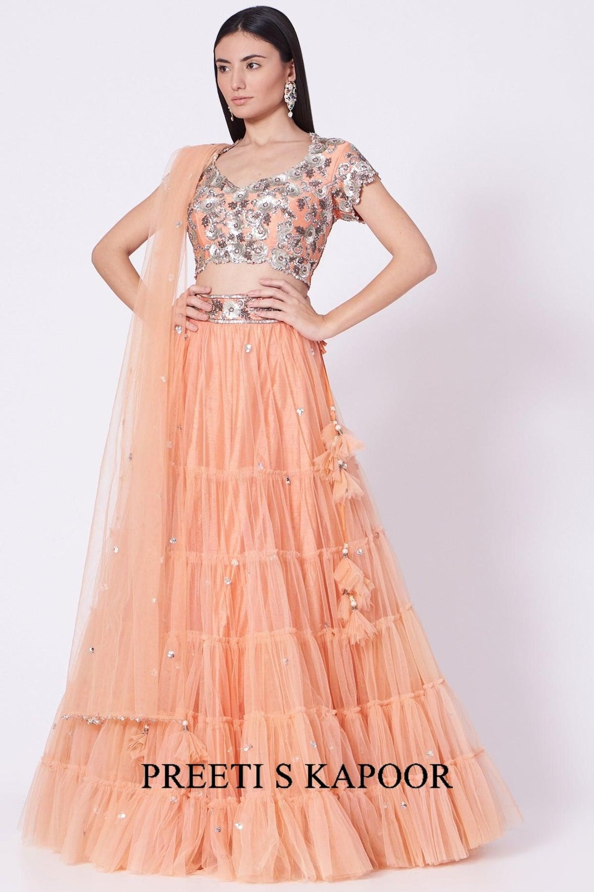 Peach Sequins Embroidered Lehenga Set - Preeti s kapoor