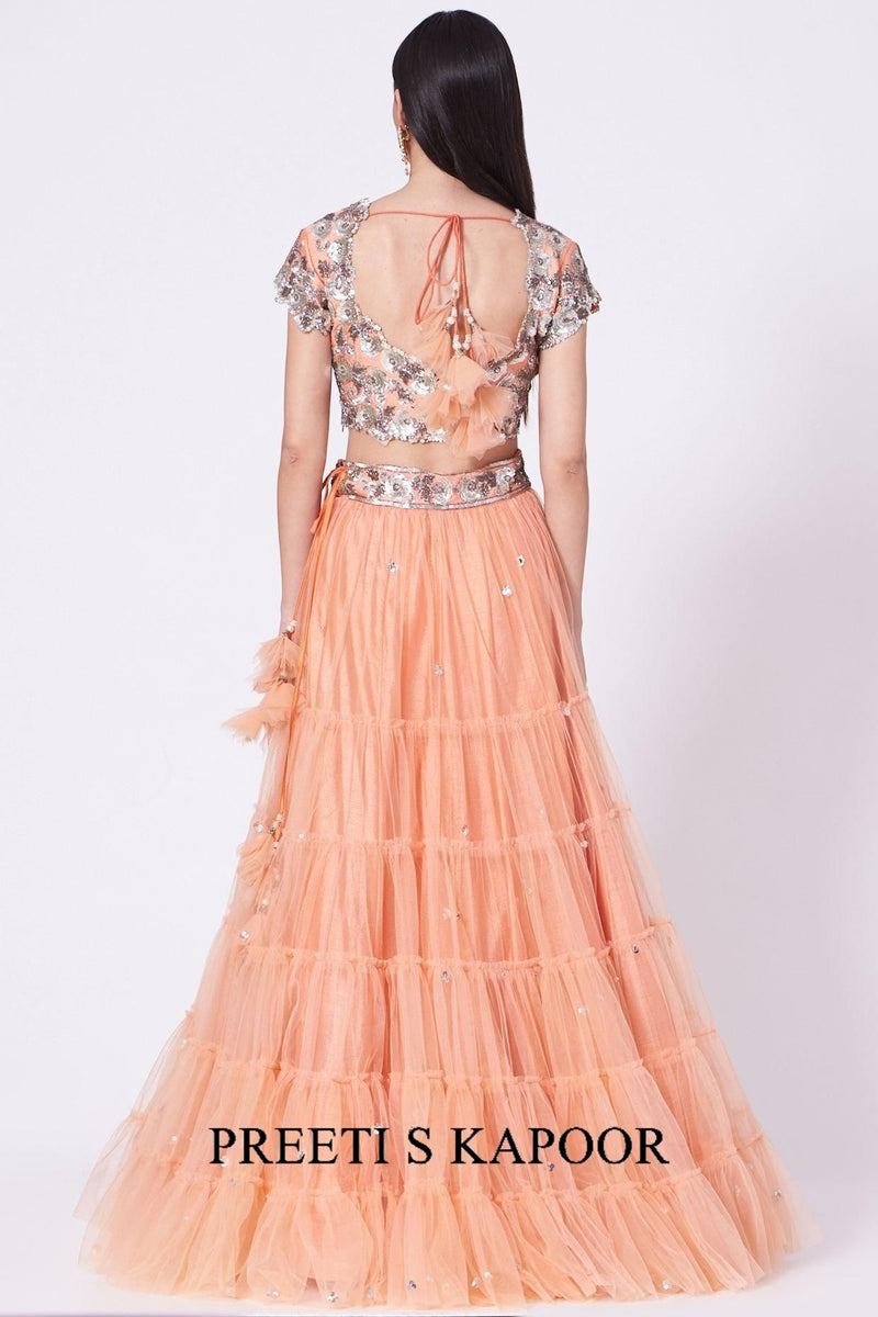 Peach Sequins Embroidered Lehenga Set - Preeti s kapoor