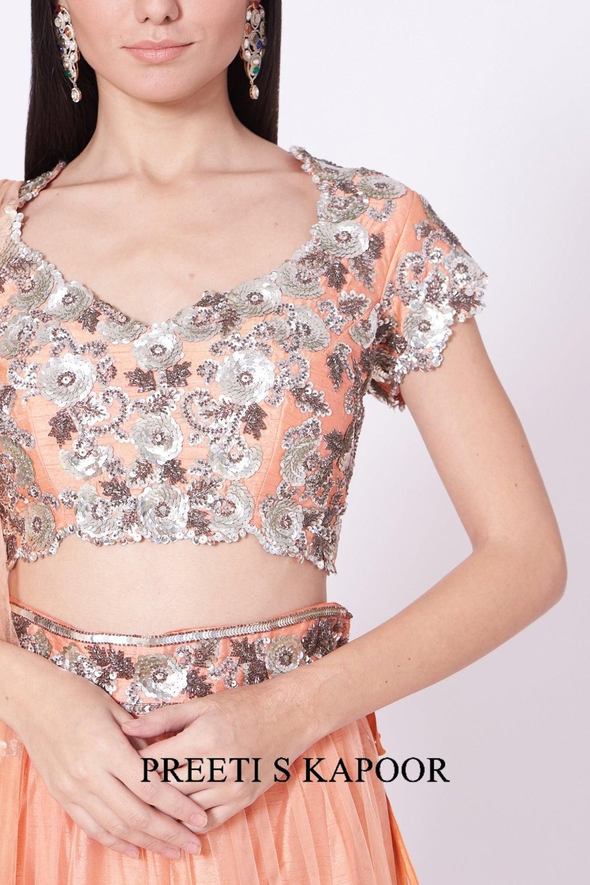 Peach Sequins Embroidered Lehenga Set - Preeti s kapoor