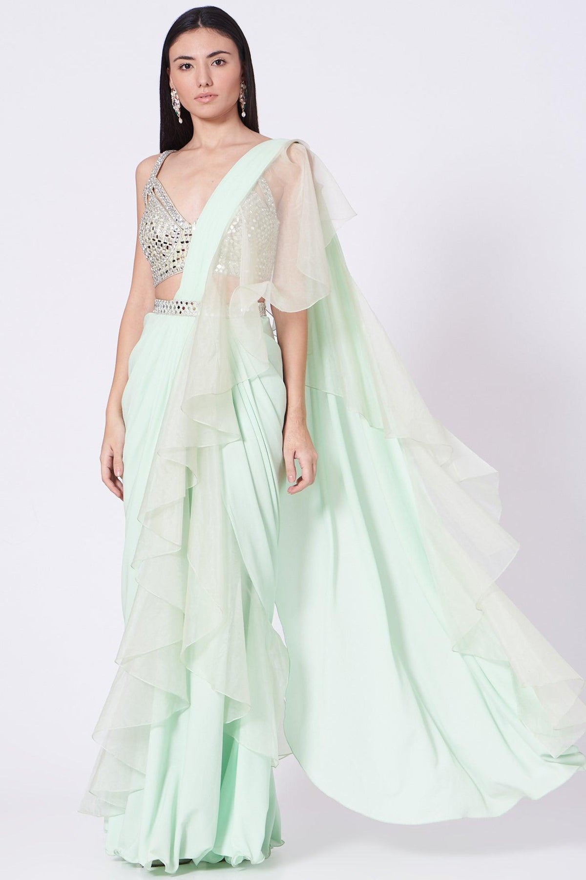 Mint Green Embroidered Draped Saree Set - Preeti s kapoor