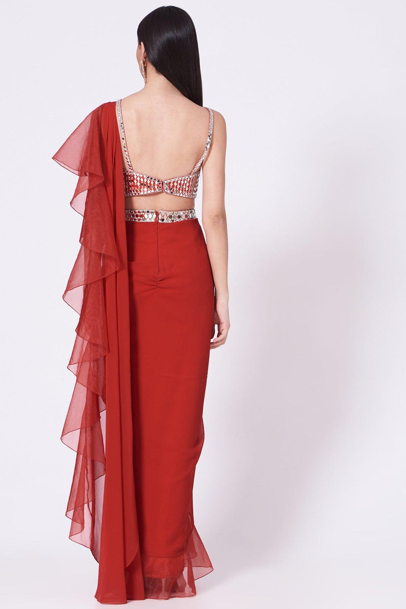 Red Embroidered Draped Saree Set - Preeti s kapoor