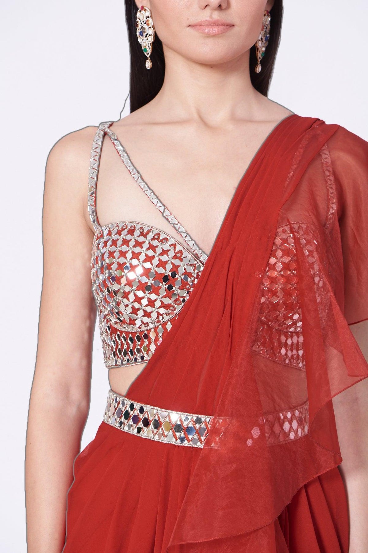 Red Embroidered Draped Saree Set - Preeti s kapoor