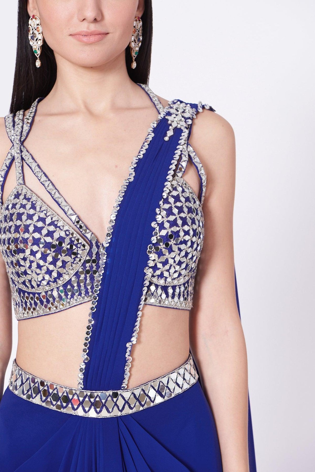 Cobalt Blue Embroidered Draped Saree Set - Preeti s kapoor